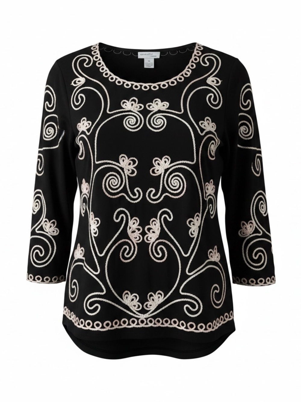 Coral Bay Black 3/4 Sleeve Scoopneck Top with Cream Scroll Embroidery. Size PL